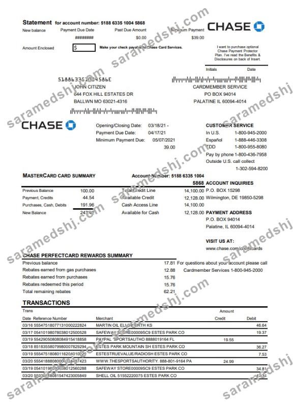 USA Chase bank Mastercard card statement